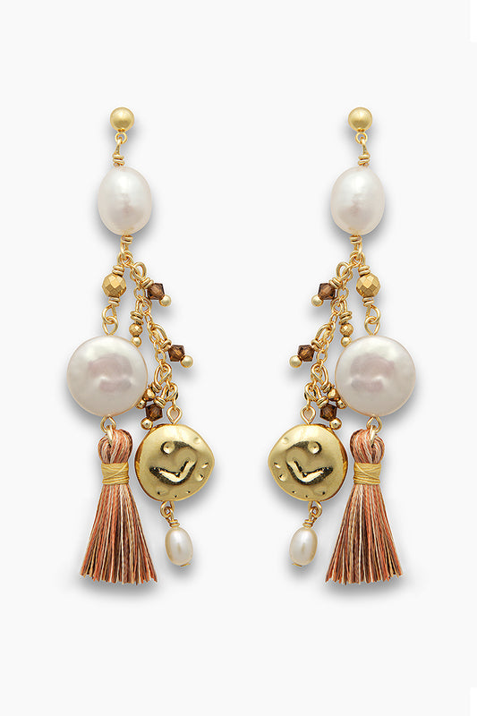 Carla smoked topaz earrings with pompom, with freshwater pearls and crystal beads