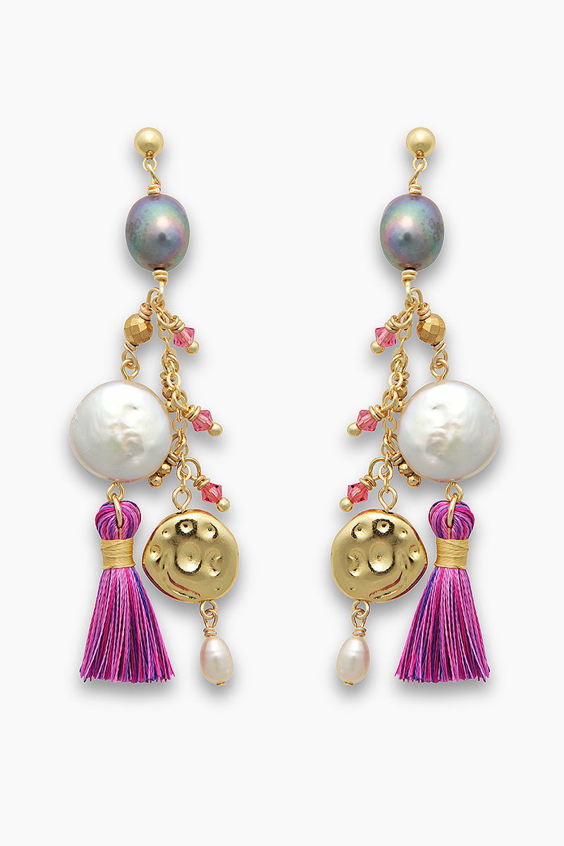 Carla rose earrings with pompom, with freshwater pearls and crystal beads