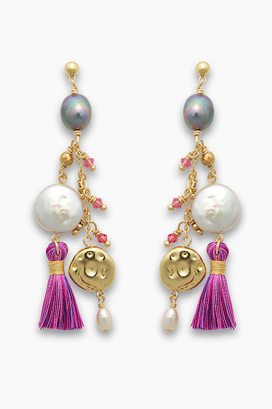 Carla rose earrings with pompom, with freshwater pearls and crystal beads