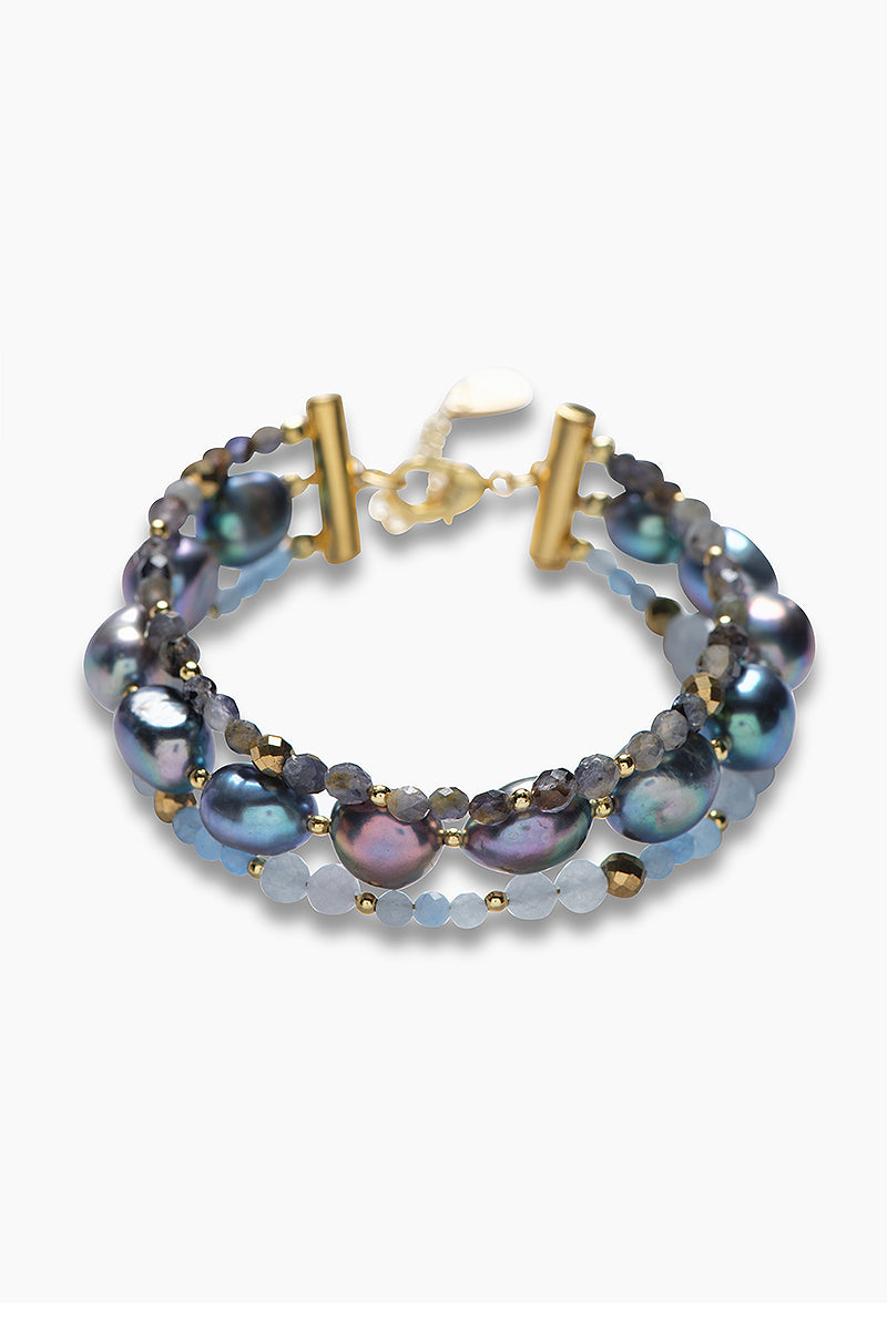 Bracelet Luna multirang en cordiérite, aigue-marine et perles d'eau douce bleu paon